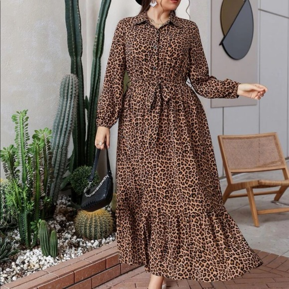 Boho Plus Size Leopard Animal Print Button Download Shirt belted Maxi Dress - Picture 3 of 10